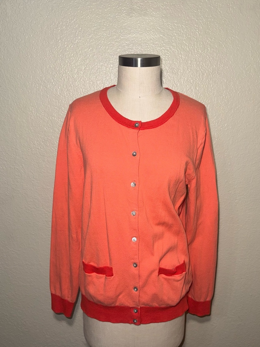 Old Navy Coral Contrast Trim Cardigan Preppy Classic Lightweight Large